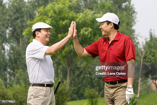 two golfers celebrate a great shot - celebrates exclusive sport cooperation stock pictures, royalty-free photos & images