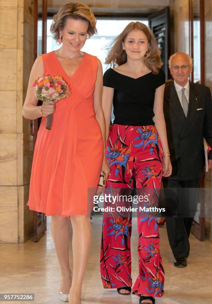Queen Mathilde of Belgium and Princess Elisabeth attend the finals of the Queen Elisabeth Contest in the Bozar on May 12, 2018 in Brussels, Belgium.