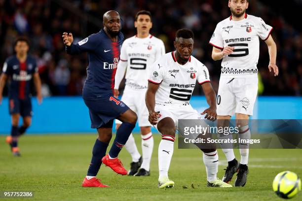 Lassana Diarra of Paris Saint Germain, Joris Gnagnon of Stade Rennes during the French League 1 match between Paris Saint Germain v Rennes at the...