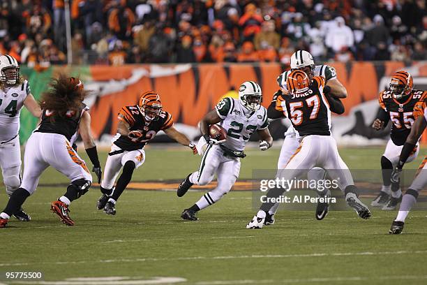 Running Back Shonn Greene of the New York Jets has a long run against the Cincinnati Bengals during their Wildcard Playoff game at Paul Brown Stadium...