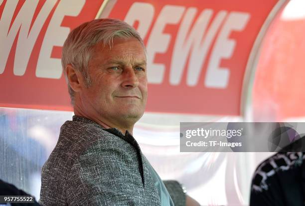 Armin Veh of Koeln looks on prior to the Bundesliga match between 1. FC Koeln and FC Bayern Muenchen at RheinEnergieStadion on May 5, 2018 in...