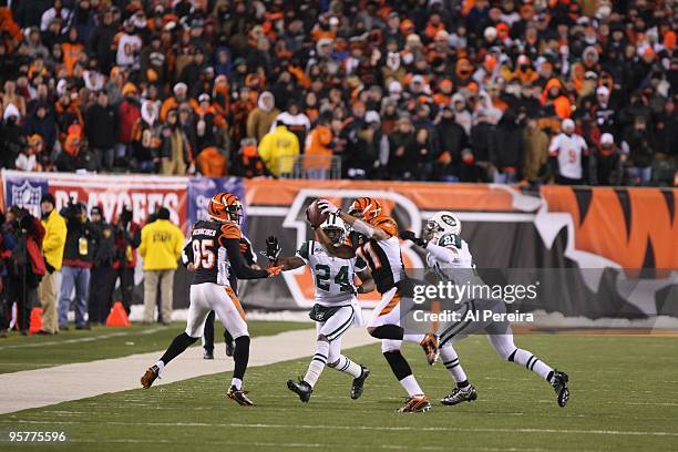 Wide Receiver Laveranues Coles of the Cincinnati Bengals makes a catch against the New York Jets during their Wildcard Playoff game at Paul Brown...