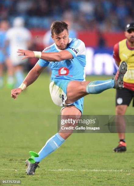 Handre Pollard of the Bulls during the Super Rugby match between Vodacom Bulls and Cell C Sharks at Loftus Versfeld on May 12, 2018 in Pretoria,...