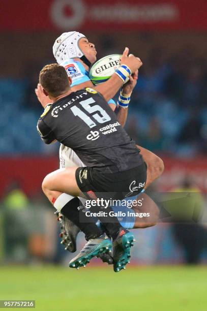 Curwin Bosch of the Sharks and Travis Ismaiel of the Bulls during the Super Rugby match between Vodacom Bulls and Cell C Sharks at Loftus Versfeld on...