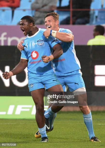 Warrick Gelant and Johnny Kotze of the Bulls celebrates during the Super Rugby match between Vodacom Bulls and Cell C Sharks at Loftus Versfeld on...