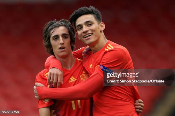 Nabil Touaizi of Spain and teammate Bryan Gil of Spain celebrate together during the UEFA European Under-17 Championship Group D match between Spain...