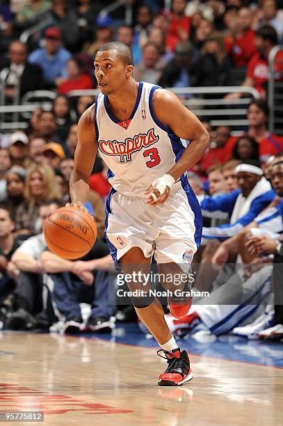Sebastian Telfair of the Los Angeles Clippers moves the ball up court during the game against the Los Angeles Lakers on January 6, 2010 at Staples...