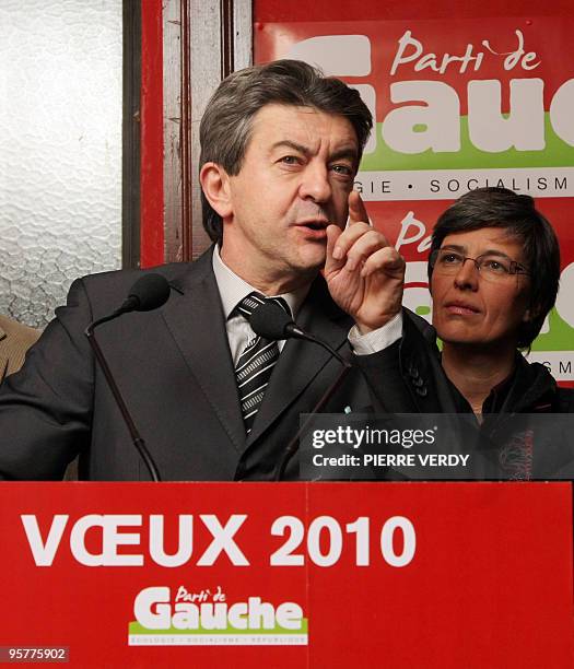 French president of the new left wing party Parti de Gauche , Jean-Luc Melenchon, addresses his New Year Wishes on January 14, 2010 in Paris. AFP...