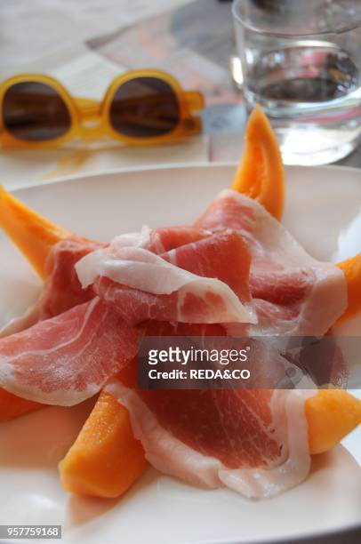 Prosciutto Crudo Di Parma Ham and Melon. Cremona. Lombardy. Italy. Europe.