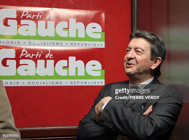 French president of the new left wing party Parti de Gauche , Jean-Luc Melenchon, gestures during his New Year Wishes on January 14, 2010 in Paris....