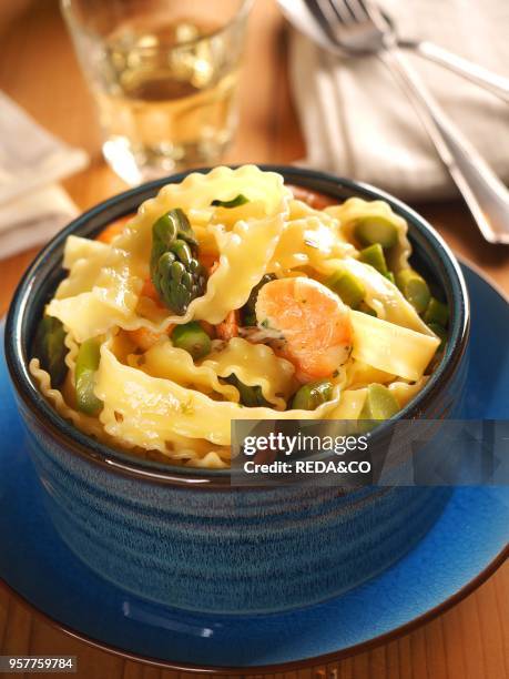 Reginette Pasta with Asparagus and Prawns. Italy. Europe.