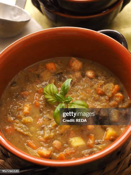 Minestrone Alla Genovese. Traditional Vegetable Soup with Pesto Sauce. Genoa. Ligury. Italy. Europe.