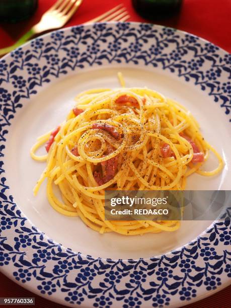 Spaghetti Alla Carbonara Pasta. Traditional Pasta of Lazio. Rome. Italy.