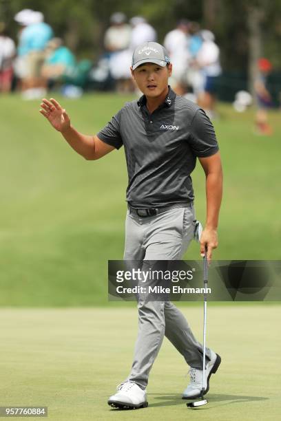 Danny Lee of New Zealand reacts on the second green during the third round of THE PLAYERS Championship on the Stadium Course at TPC Sawgrass on May...