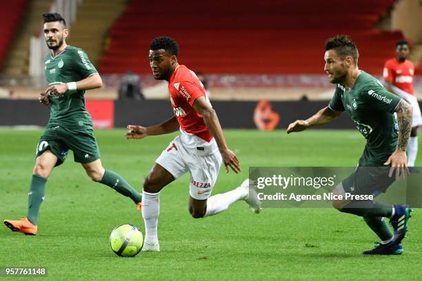 Thomas Lemar of Monaco and Mathieu Debuchy of Saint Etienne during the Ligue 1 match between AS Monaco and AS Saint Etienne at Stade Louis II on May...