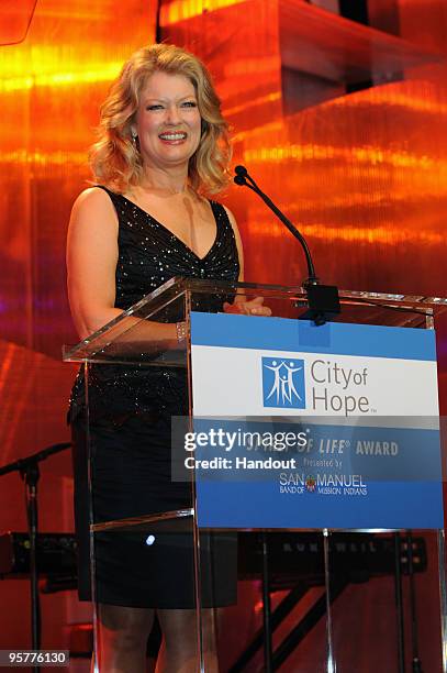 Entertainment Tonight's Mary Hart speaks during The City Of Hope's Spirit Of Life Award Gala as part of the festivities surrounding downtown Los...