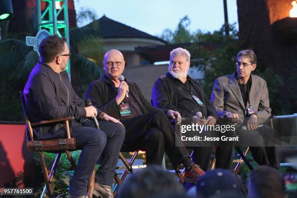 Colin Trevorrow, Dennis Muren, Dean Cundey and John T. Kretchmer speak on stage at the Jurassic Park 25th Anniversary Celebration at Universal...
