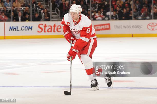 Nicklas Lidstrom of the Detroit Red Wings skates with the puck against the Los Angeles Kings on January 7, 2010 at Staples Center in Los Angeles,...