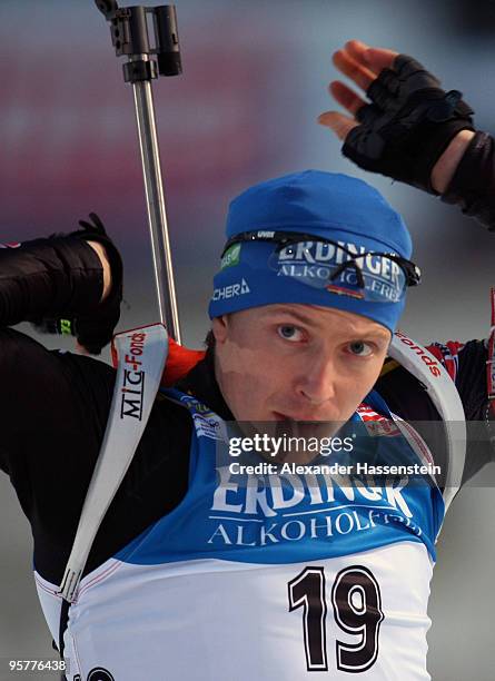 Andreas Birnbacher of Germany competes during the Men's 10km Sprint in the e.on Ruhrgas IBU Biathlon World Cup on January 14, 2010 in Ruhpolding,...