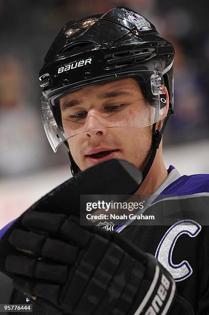 Dustin Brown of the Los Angeles Kings stands on the ice prior to the game against the Detroit Red Wings on January 7, 2010 at Staples Center in Los...