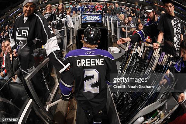 Matt Greene of the Los Angeles Kings walks off the ice after warming up prior to the game against the Detroit Red Wings on January 7, 2010 at Staples...