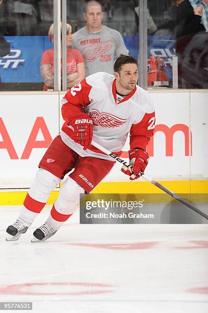 Brett Lebda of the Detroit Red Wings warms up prior to the game against the Los Angeles Kings on January 7, 2010 at Staples Center in Los Angeles,...