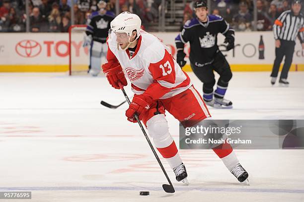 Pavel Datsyuk of the Detroit Red Wings skates with the puck against the Los Angeles Kings on January 7, 2010 at Staples Center in Los Angeles,...