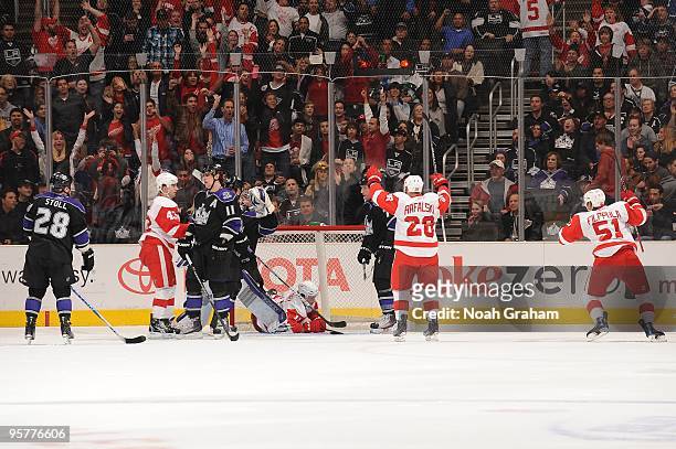 Brian Rafalski and Valtteri Filppula of the Detroit Red Wings celebrate a goal against the Los Angeles Kings on January 7, 2010 at Staples Center in...