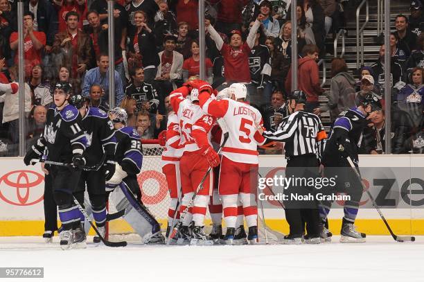 Darren Helm and Nicklas Lidstrom of the Detroit Red Wings celebrate a goal against the Los Angeles Kings on January 7, 2010 at Staples Center in Los...