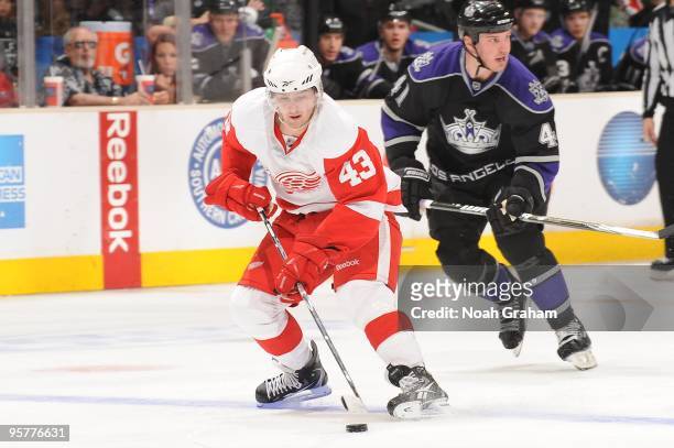 Darren Helm of the Detroit Red Wings skates with the puck against the Los Angeles Kings on January 7, 2010 at Staples Center in Los Angeles,...