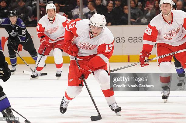 Pavel Datsyuk of the Detroit Red Wings skates with the puck against the Los Angeles Kings on January 7, 2010 at Staples Center in Los Angeles,...