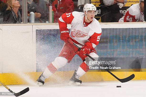 Valtteri Filppula of the Detroit Red Wings skates with the puck against the Los Angeles Kings on January 7, 2010 at Staples Center in Los Angeles,...