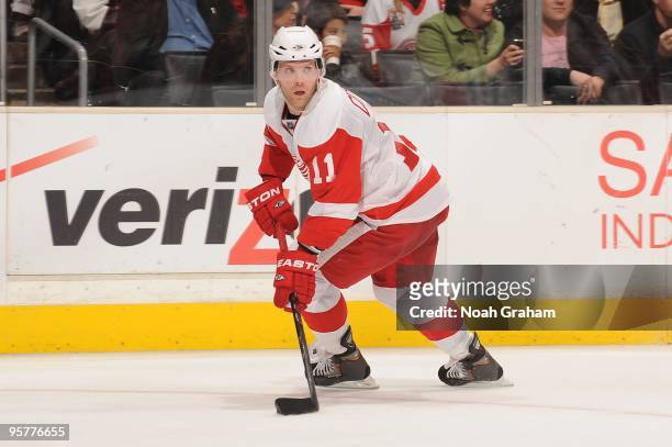 Dan Cleary of the Detroit Red Wings skates with the puck against the Los Angeles Kings on January 7, 2010 at Staples Center in Los Angeles,...