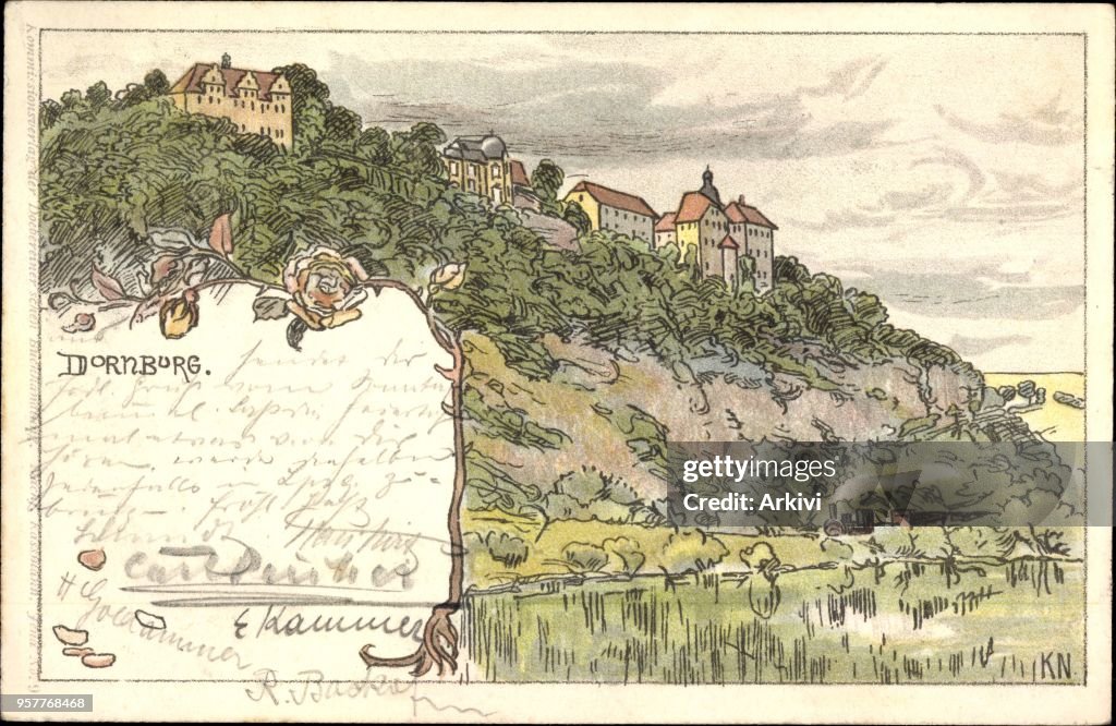 Litho Dornburg Camburg in Thüringen, Ortschaft mit Burg, Eisenbahn