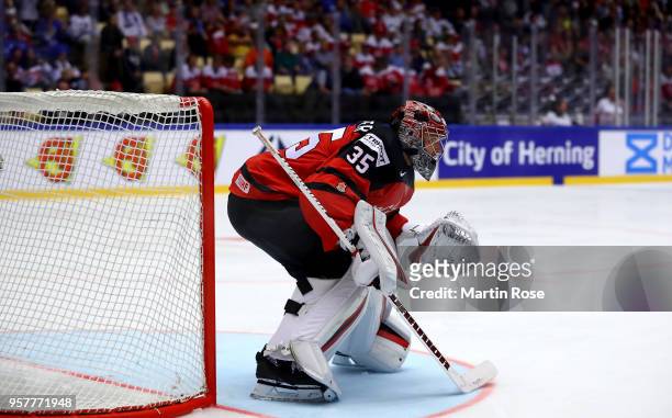 Darcy Kuemper, goaltender of Canada tends net against Finand the 2018 IIHF Ice Hockey World Championship Group B game between Canada and Finland at...
