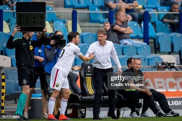 Erik Falkenburg of ADO Den Haag, coach Alfons Fons Groenendijk of ADO Den Haag during the Dutch Eredivisie play-offs match between Vitesse Arnhem and...