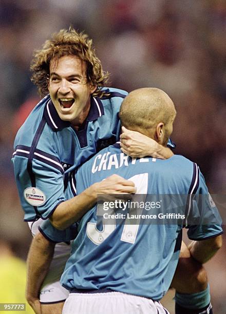 Manchester City's Eyal Berkovic and Laurent Charvet celebrate a goal during the Nationwide Division One match against Watford played at Maine Road in...