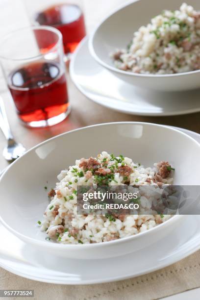 Risotto A La Pilota. Traditional Rice with Sausages. Garda Lake. Verona. Veneto. Italy.