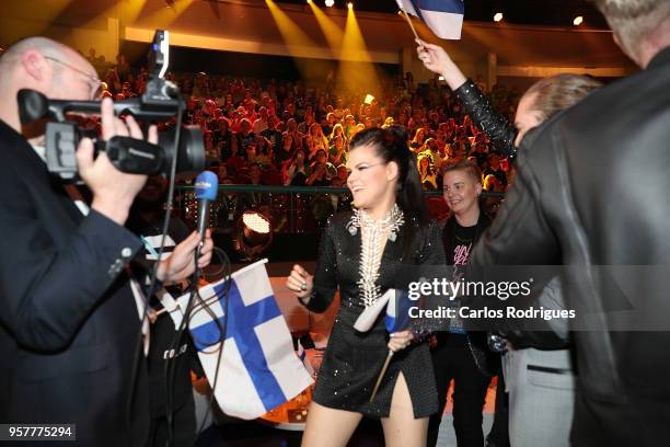 Saara Aalto of Finland reacts in the green room during the Eurovision 2018 Grand Final at Altice Arena on May 12, 2018 in Lisbon, Portugal.
