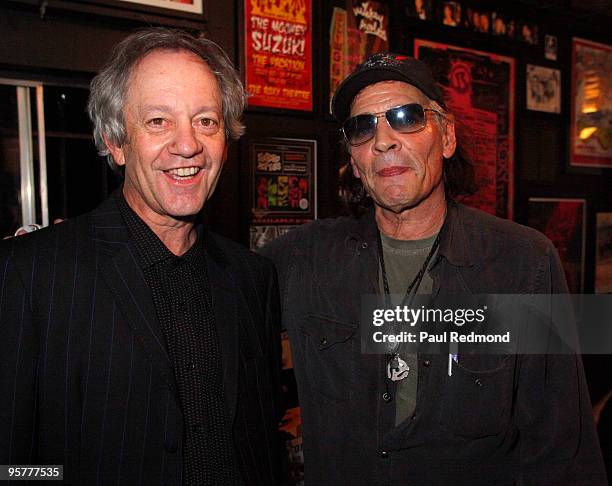 The Stooges' Scott Thurston and Ron Asheton backstage at Jam For Ron Asheton A Tribute To the Late Guitarist of The Stooges on January 13, 2010 in...