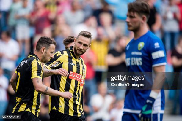 Roy Beerens of Vitesse, Tim Matavz of Vitesse, goalkeeper Indy Groothuizen of ADO Den Haag during the Dutch Eredivisie play-offs match between...