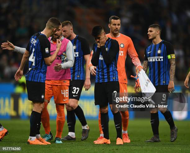 Joao Cancelo of FC Internazionale dejected at the end of the serie A match between FC Internazionale and US Sassuolo at Stadio Giuseppe Meazza on May...