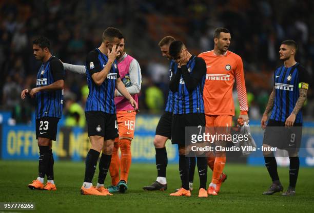Joao Cancelo of FC Internazionale dejected at the end of the serie A match between FC Internazionale and US Sassuolo at Stadio Giuseppe Meazza on May...