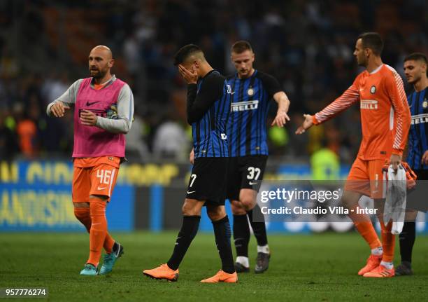 Joao Cancelo of FC Internazionale dejected at the end of the serie A match between FC Internazionale and US Sassuolo at Stadio Giuseppe Meazza on May...