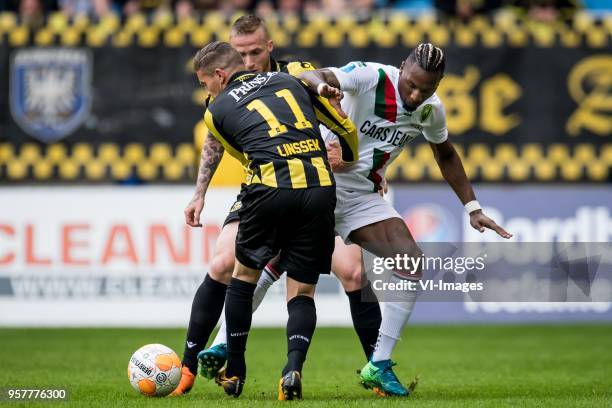 Bryan Linssen of Vitesse, Alexander Buttner of Vitesse, Sheraldo Becker of ADO Den Haag during the Dutch Eredivisie play-offs match between Vitesse...