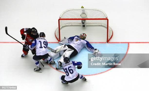 Harri Sateri, goaltender of Finland tends net against Ryan Nugent Hopkins of Canada during the 2018 IIHF Ice Hockey World Championship Group B game...
