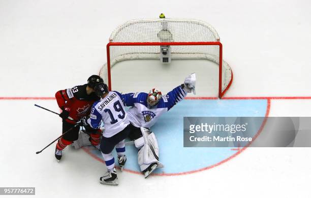 Harri Sateri, goaltender of Finland tends net against Ryan Nugent Hopkins of Canada during the 2018 IIHF Ice Hockey World Championship Group B game...