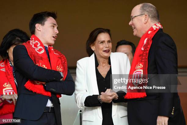 Prince Albert of Monaco, Princess Stephanie and Louis Ducruet during the Ligue 1 match between AS Monaco and AS Saint Etienne at Stade Louis II on...