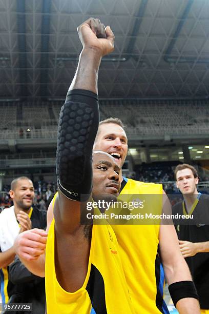 Jamon Lucas, #22 and Stevan Nadjfeji, #14 of Maroussi BC celebrate their victory during the Euroleague Basketball Regular Season 2009-2010 Game Day...