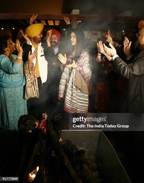 Bollywood actor Preity Zinta and Cherie Blair, wife of former UK PM Tony Blair, attend the Lohri festival organised by the Loomba Trust in the...